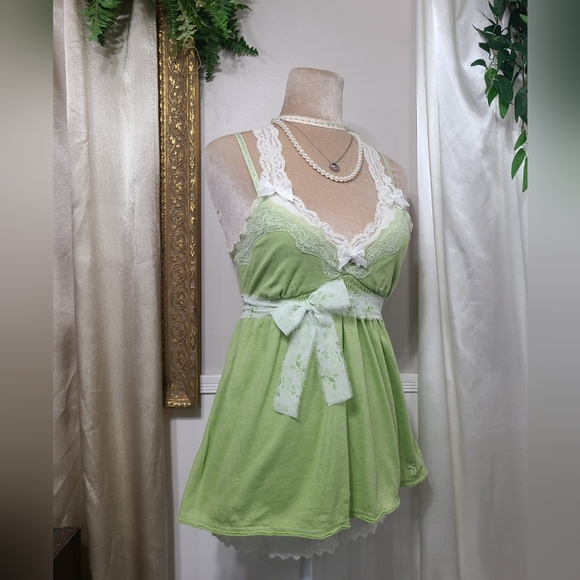 ♡ Y2K ♡ Abercrombie & Fitch Lace Trim Green Babydoll Tank with Leaf Waist Tie - Picture 4 of 9